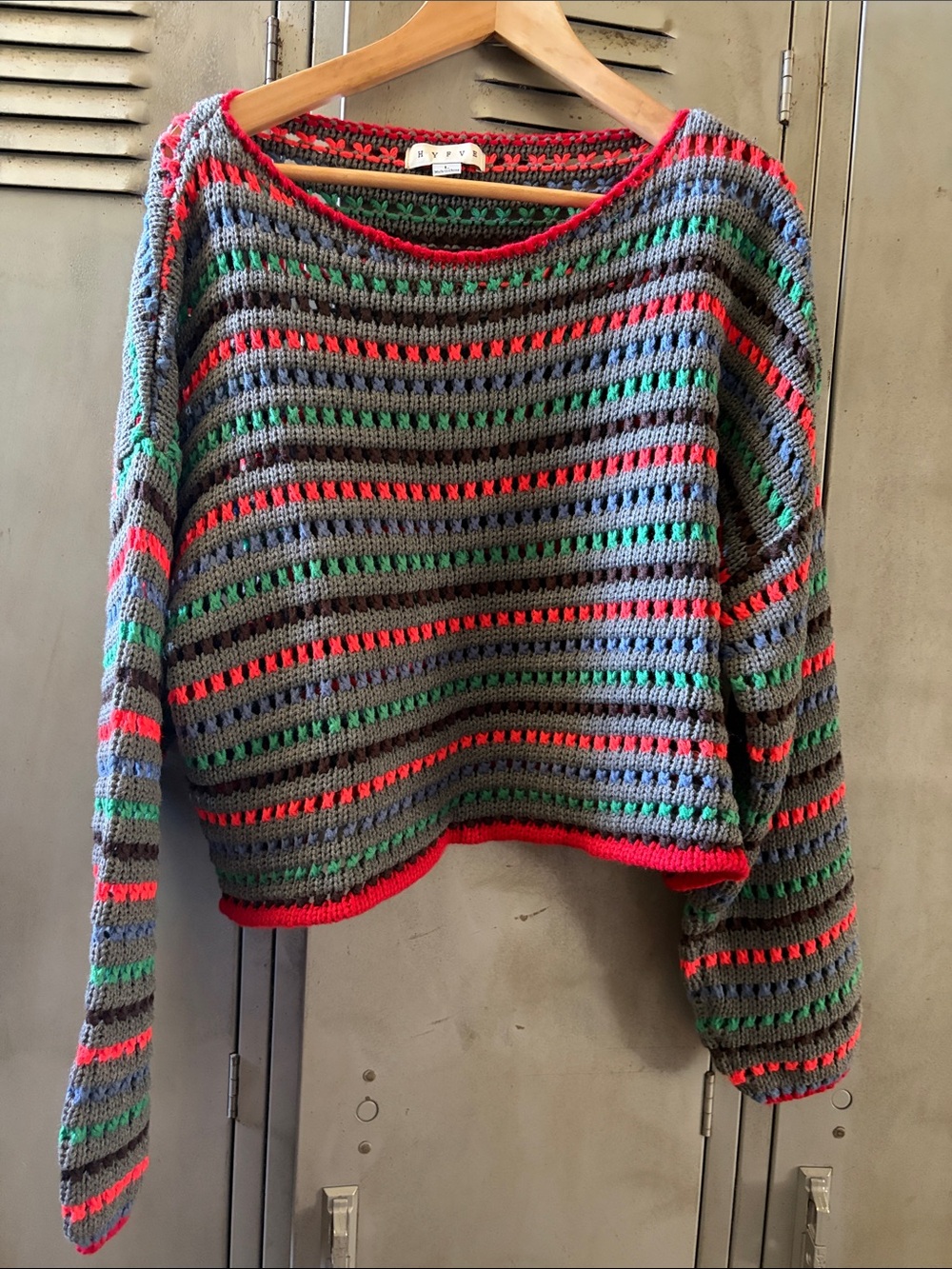 Crochet Stripe Open-Knit Sweater - Gray, Green & Red